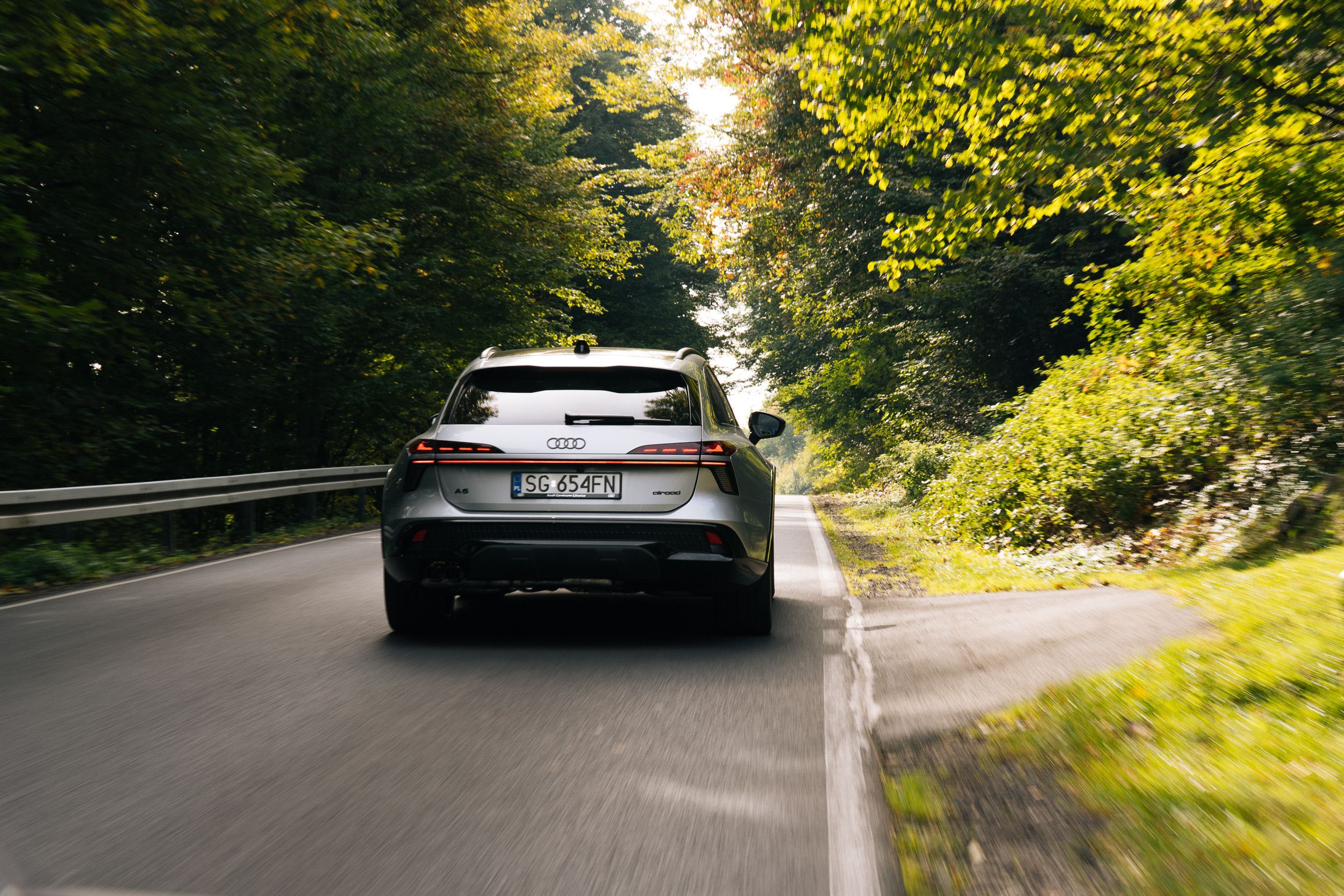 Srebrne Audi od tyłu w tunelu jesiennych drzew